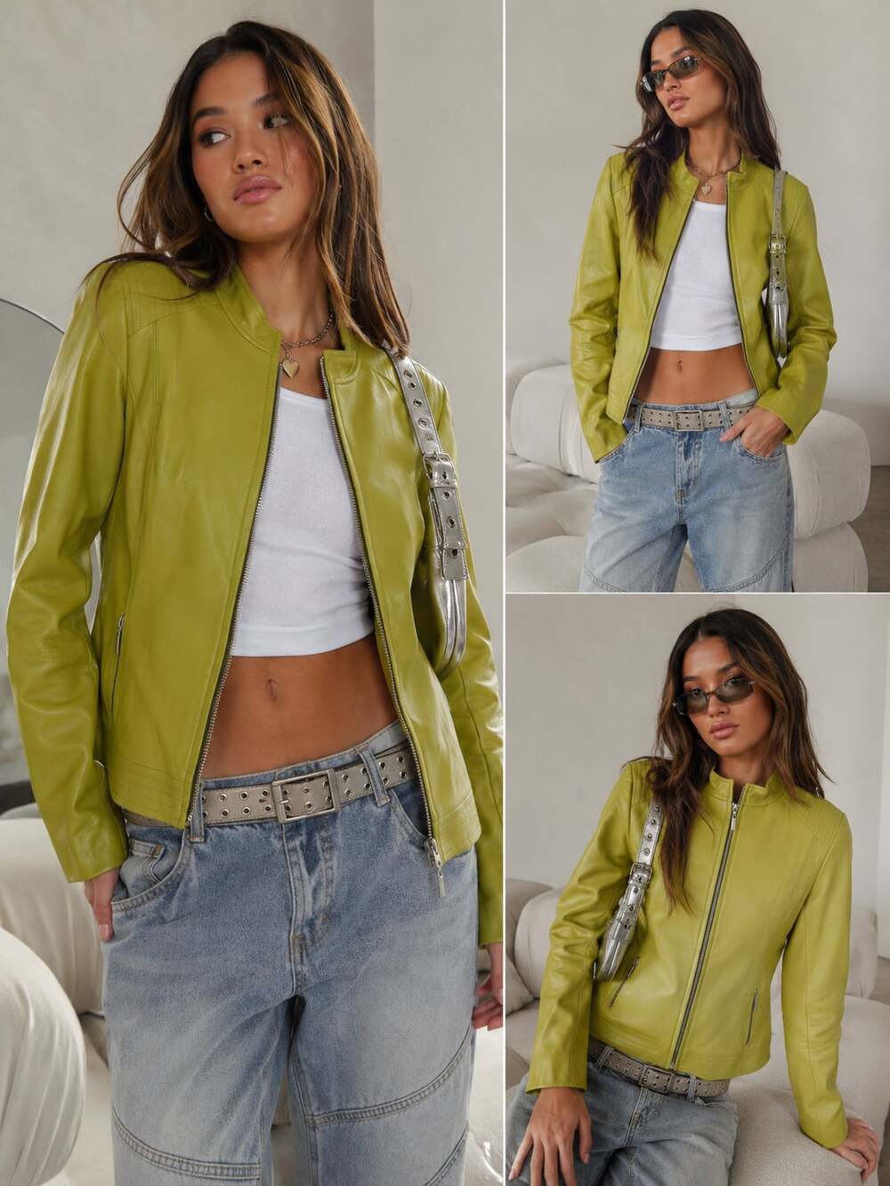 Valerie Stevens Lime Green 100% Leather Moto Biker Jacket Size XL